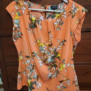 The Limited Peach Floral Pleated Cap-Sleeve Blouse